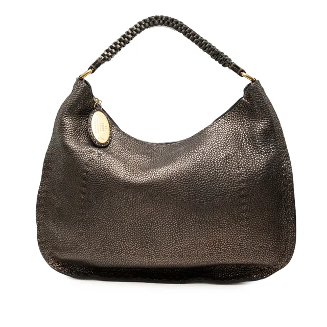 Brown Fendi Metallic Pebbled Leather Selleria Shoulder Bag in Brown Leather from Designer Revival