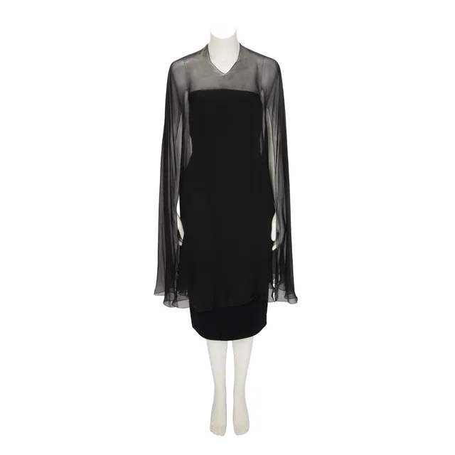 Chanel Wool Strapless Dress + Silk Cape FR 40 in Black Silk from Blue Spinach