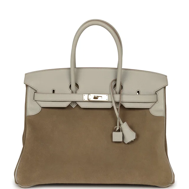 Hermès Birkin 35 Gris Caillou Grizzly, Gris Pale Evercolor Permabrass Hardware in Grey Canvas from Madison Avenue Couture