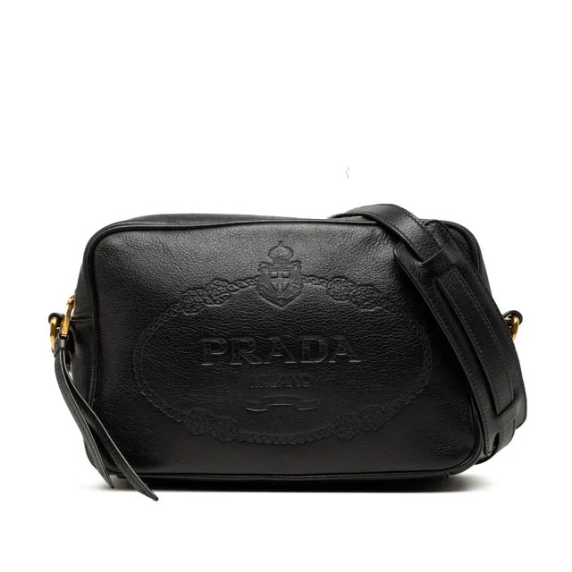 Black Prada Glace Calfskin Embossed Logo Camera Bag in Black Calfskin from Designer Revival