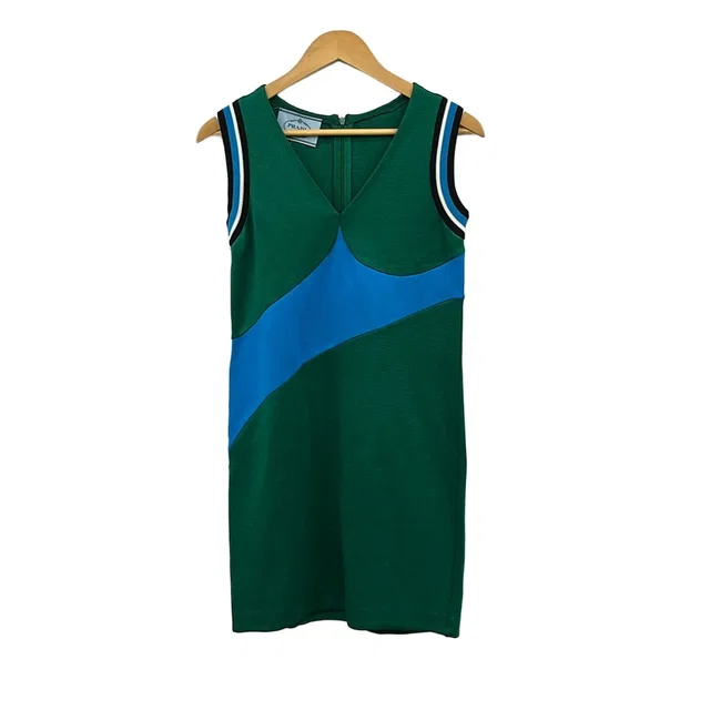 Prada Dress S Green Blue Black V-neck Sleeveless Knee-Length in Black from The Reluxe