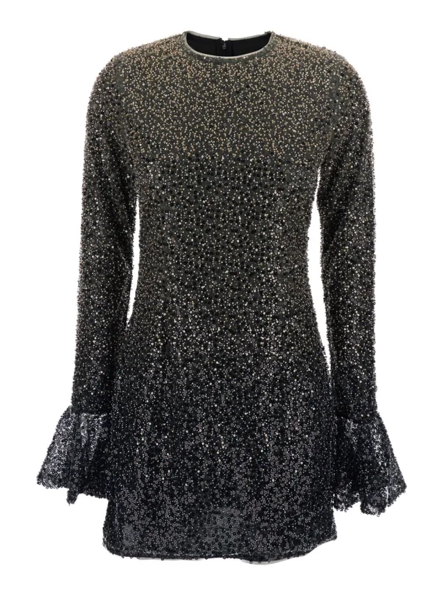 Dress with All-Over Applied Beads and Flared Hems in Metallic Fabric for Women, image 1 of 1 from Gaudenzi Boutique