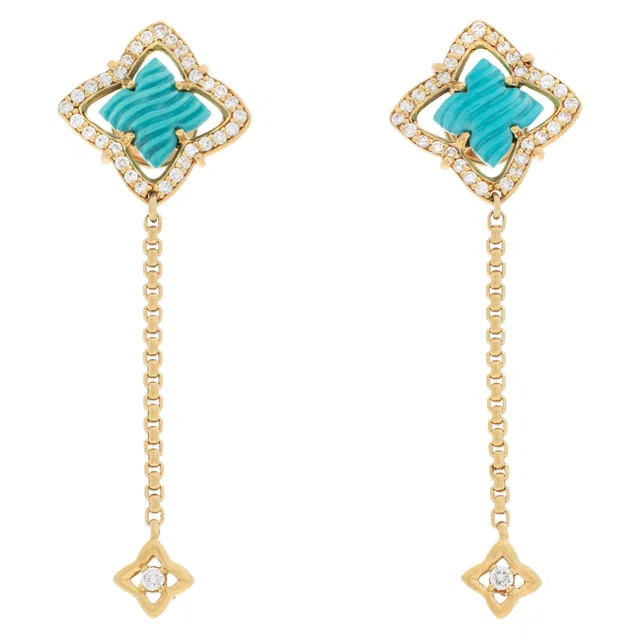 David Yurman Quatrefoil Turquoise And Diamond Drop Earrings Set In 18k Gold in Blue Yellow Gold from Gray And Sons
