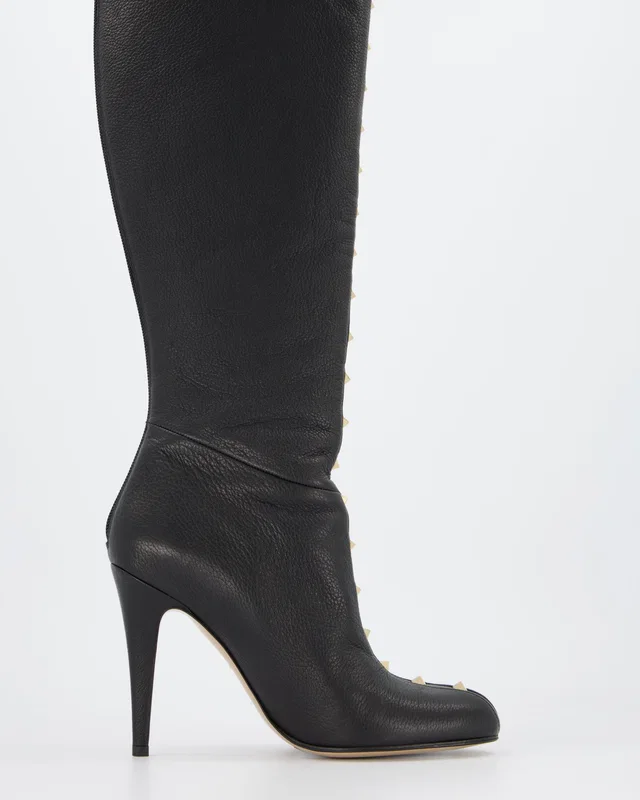 Valentino Garavani Black Rockstud Knee High Boots Grained Leather Size EU 39 in Black Caviar leather from Sellier