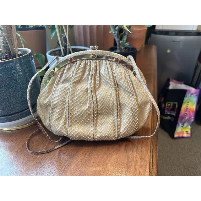 Judith Leiber Vintage Tan Snakeskin Convertible Clutch To Shoulder Bag in neutral|brown|gold from Poshmark