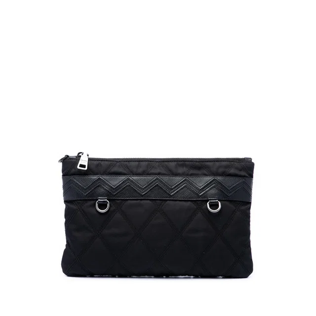 Black Prada Saffiano Trimmed Tessuto Impunturato Clutch in Black Saffiano leather from Designer Revival