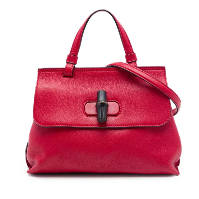 Red Gucci Small Calfskin Bamboo Daily Satchel in Red Calfskin from Designer Revival