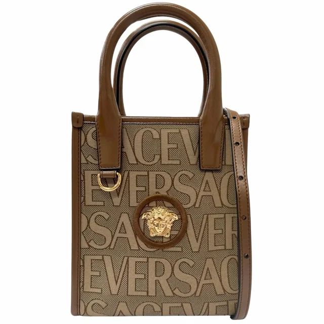 Versace la Medusa Canvas Leather 2-Way Shoulder Bag Beige Brown in Brown Canvas from The Reluxe