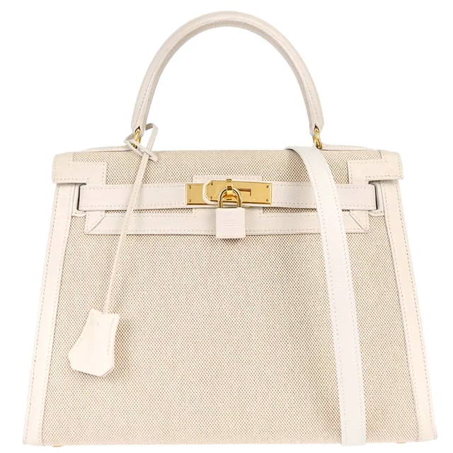 Hermès Beige White Toile H Kelly 28 Sellier 2way Shoulder Handbag in White from AMORE Vintage Tokyo