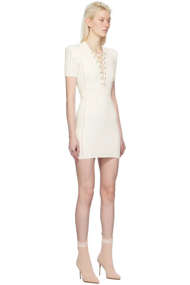 BALMAIN White Laced V-Neck Minidress, photo 2 of 4 from SSENSE