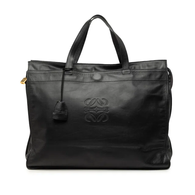 Black LOEWE Leather Anagram Shopper Tote in Black Leather from Designer Revival
