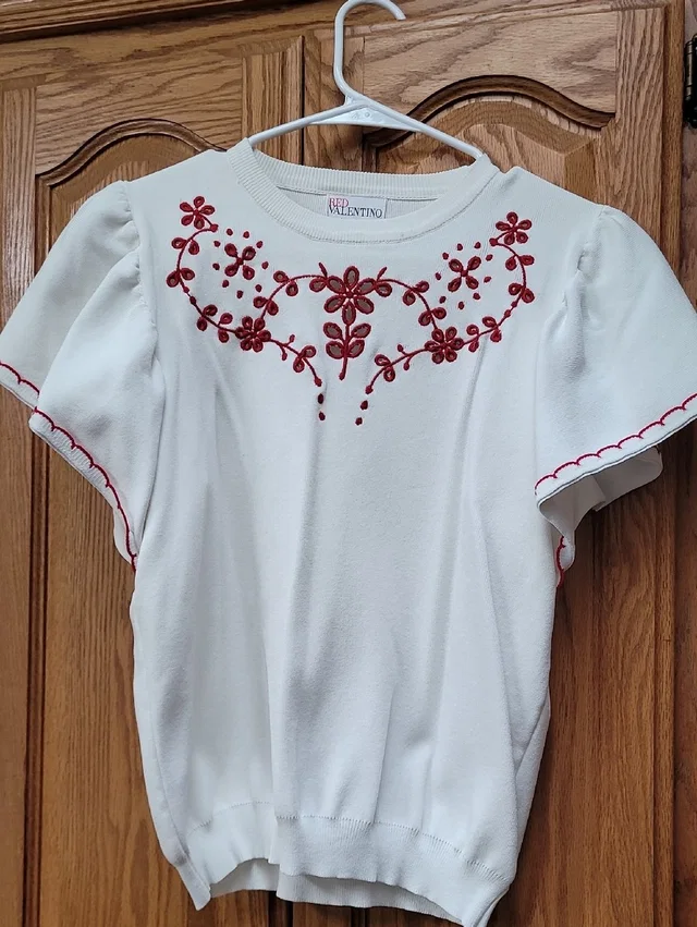 REDValentino White Top With Red Floral Embroidery in red|white from Poshmark