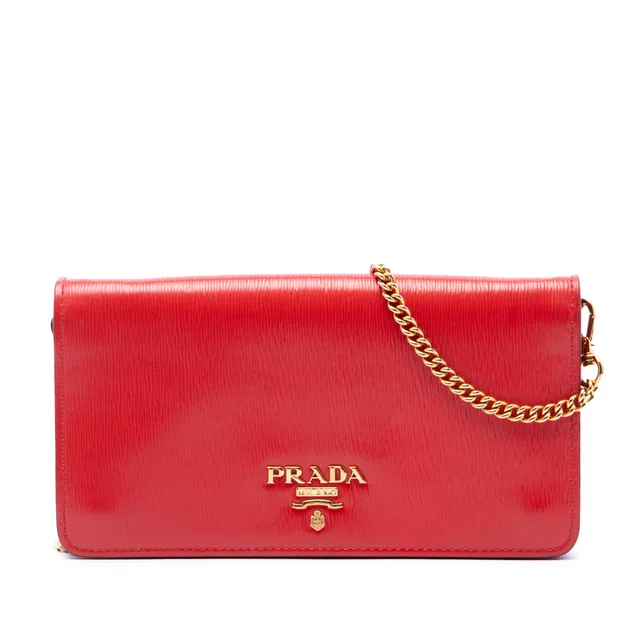 Red Prada Vitello Move Wallet on Chain Crossbody Bag in Red Leather from Designer Revival