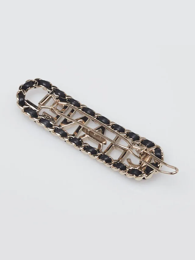 Chanel Goldtone Metal and Black Lambskin Leather Allure Logo Hair Clip in Black Lambskin from Yoogis, photo 5 of 6