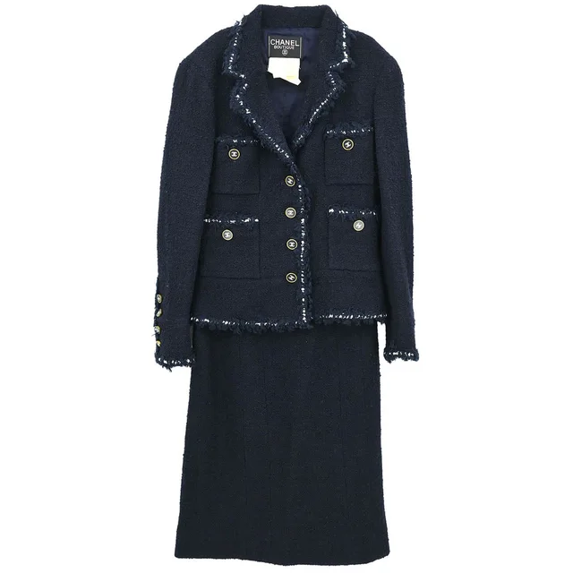 Chanel 1994AW Boutique Museum Navy Jacket Skirt Set Braided Trim CC Buttons #38 in Navy Wool from AMORE Vintage Tokyo