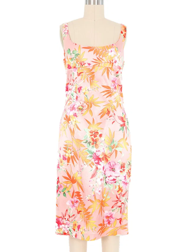 2005 Dolce and Gabbana Tropical Print Satin Midi Dress in Satin from Arcade Vintage
