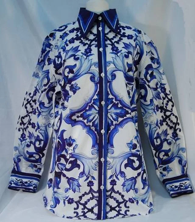Dolce & Gabbana Majolica printed shirt Blue and White Size: 10 in Blue Cotton from Oxfam Online Shop