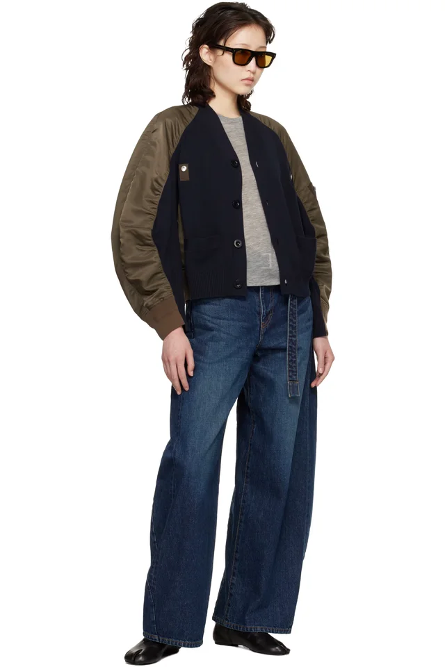sacai Green & Navy Nylon Twill Knit Cardigan, photo 4 of 4 from SSENSE
