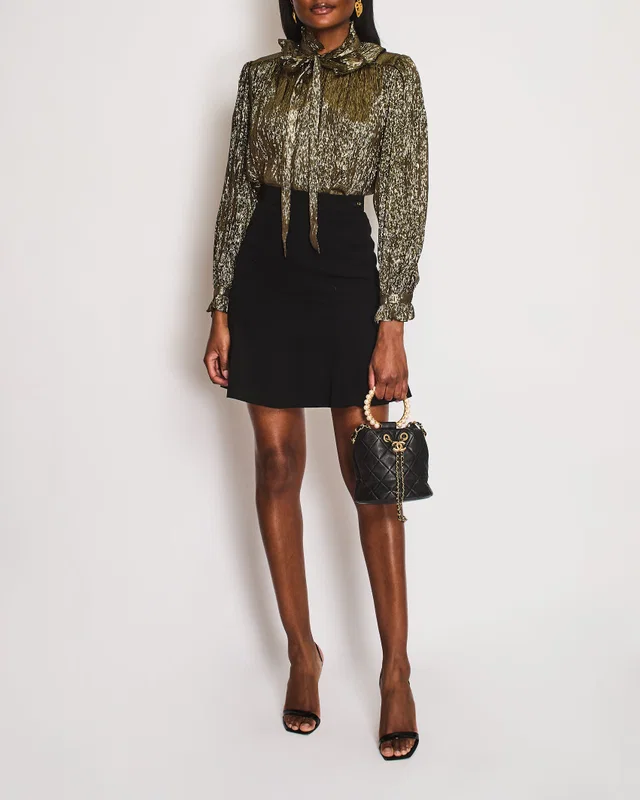 Chloé Gold and Black Lame Shirt with Tie Detail on the Collar Size FR 38 (UK 10) in Black Silk from Sellier