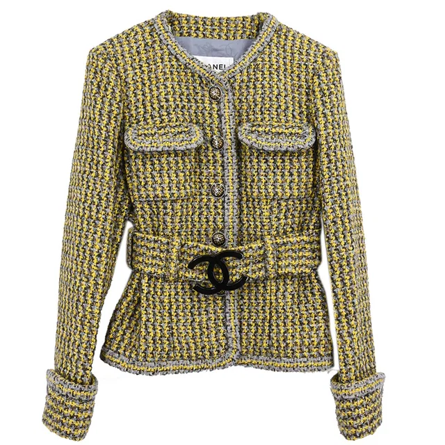 Chanel 2017 Collarless Single Breasted Jacket Tweed Yellow #36 in Yellow Tweed from AMORE Vintage Tokyo