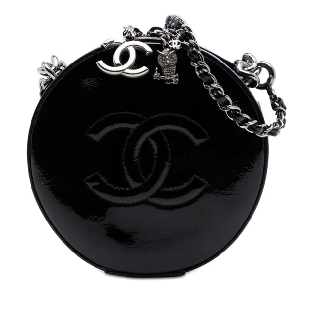 Black Chanel CC Patent Round as Earth Bag Satchel in Black Patent leather from Designer Revival