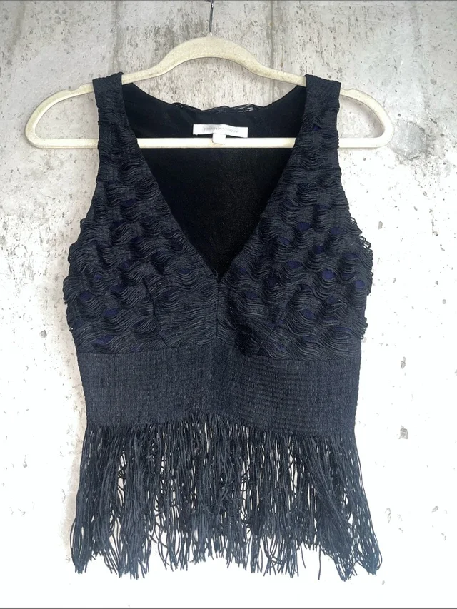 SIMKHAI Fringe Crop Top Xs Sleeveless V-Neck Textured Statement in black Leather from Poshmark