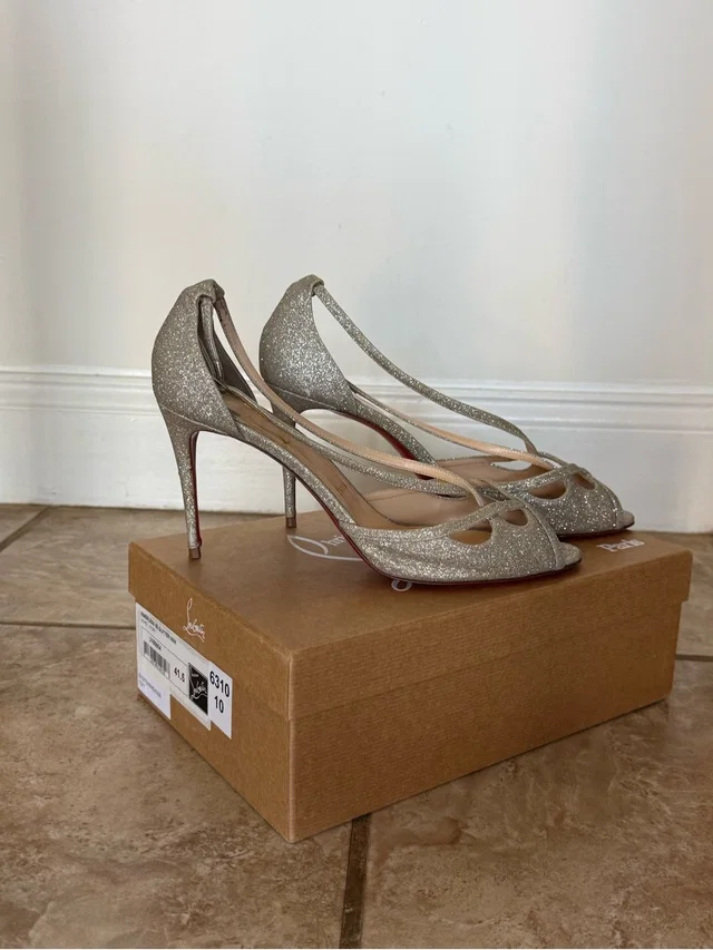 Christian Louboutin Glitter Slingback Peep-Toe Pumps In Silver in silver|gold|gray from Poshmark