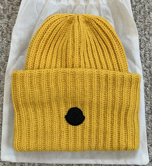 Moncler Oversized Logo Beanie Hat + Bag in yellow from Grailed