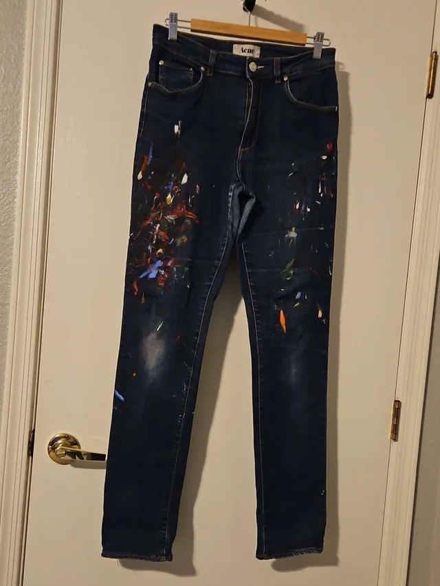 Acne Studios Dark Blue Skinny Jeans With Multicolor Paint Splatter in red|blue from Poshmark