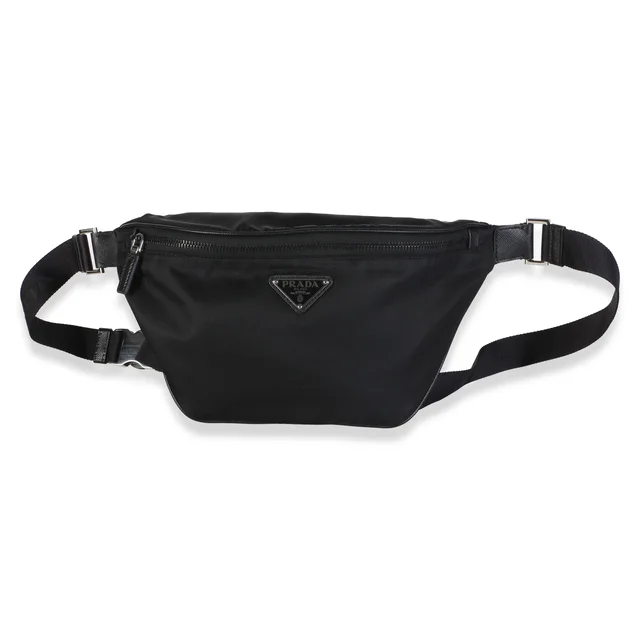 Prada Black Re-Nylon Saffiano Logo Plate Belt Bag in Black Saffiano leather from myGemma