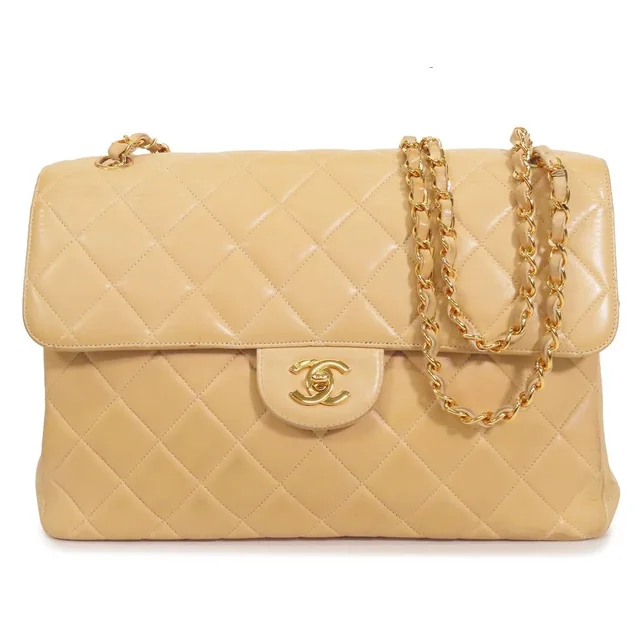 Chanel Chain Beige Gold Lambskin Quilted Double Face 30 Shoulder Bag in Beige Lambskin from The Reluxe