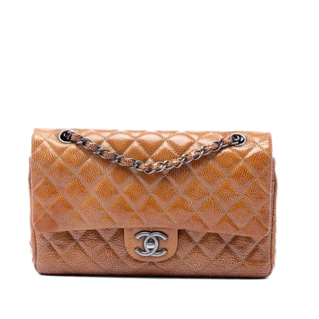 Brown Chanel Medium Classic Crinkled Patent Double Flap Shoulder Bag in Brown Patent leather from Designer Revival