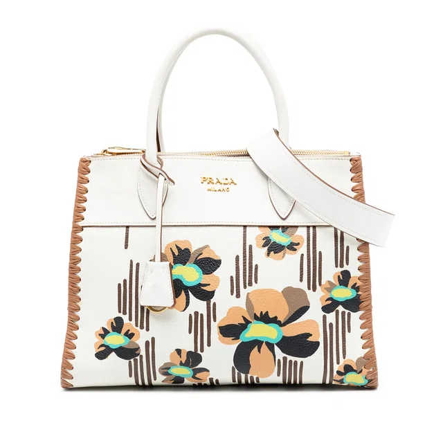 White Prada City Calf Trimmed Madras Floral Print Paradigme Whipstitch Satchel in White Goatskin from Designer Revival