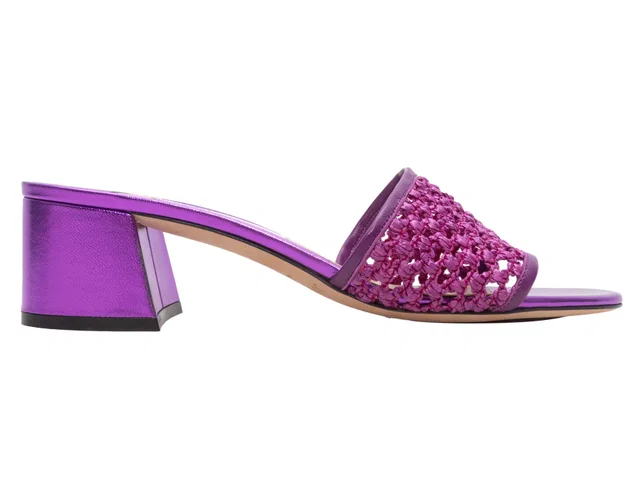 Purple Jimmy Choo Raffia & Metallic Leather Heeled Slide Sandals Size 39.5 in Purple Raffia from Designer Revival