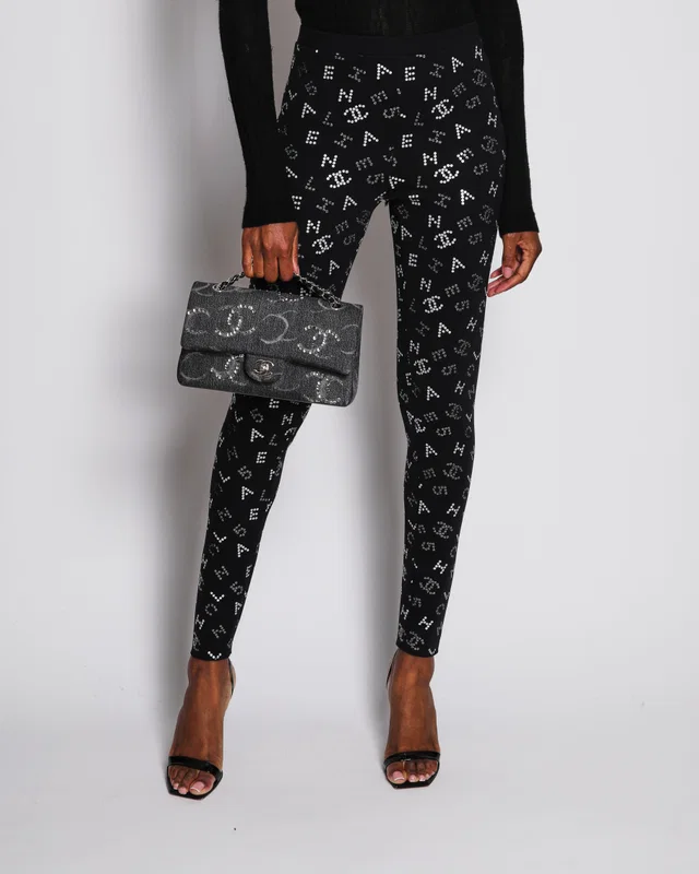 Chanel 20/C Black CC Sequin Logo Leggings Size FR 40 (UK 12) in Black from Sellier