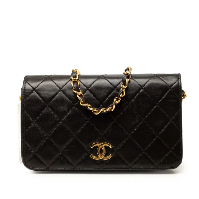 Black Chanel Mini CC Quilted Lambskin Full Flap Crossbody Bag in Black Lambskin from Designer Revival
