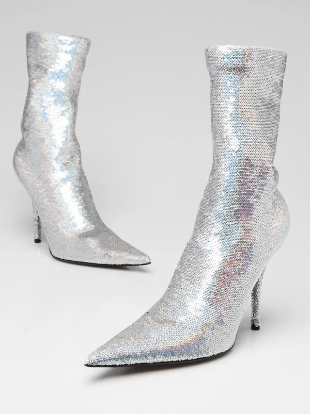 Balenciaga Silver Sequin Stretch Fabric Pointed Toe Knife Booties Size 6/36.5 in Silver from Yoogis