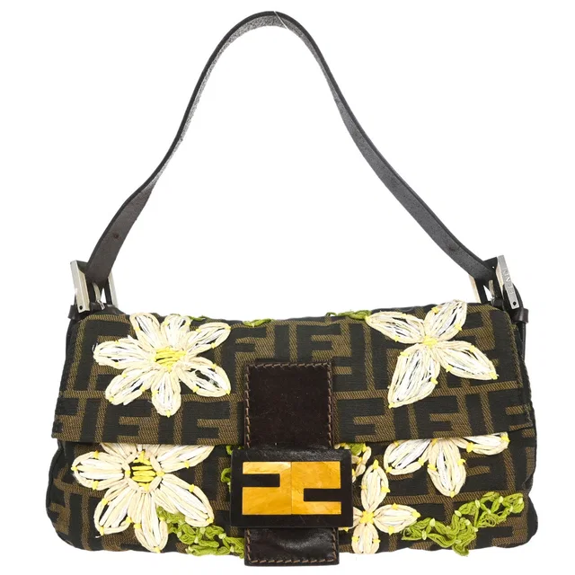Fendi Brown Canvas Zucca Floral Embroidery Baguette Handbag in Brown Canvas from AMORE Vintage Tokyo