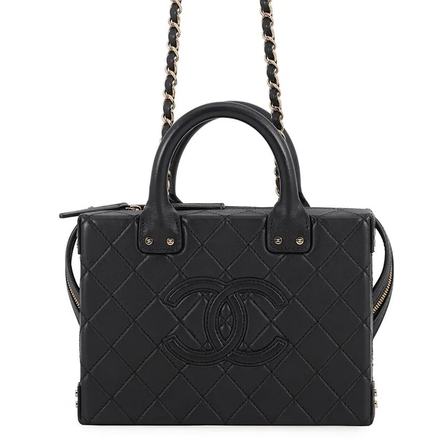 Chanel Chain Shoulder Bag Quilted CC Logo Vanity Calfskin Black in Black Calfskin from The Reluxe