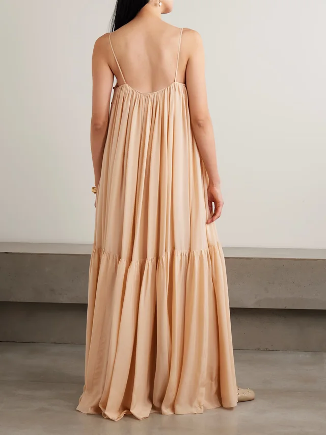 CHLOÉ Ruched tiered silk maxi dress in pastel pink 100% Silk, photo 3 of 4 from NET-A-PORTER (Canada)