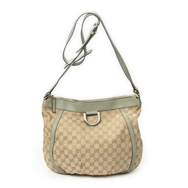 Gucci Large Shape D-ring Abbey Messenger Beige Light Green GG Canvas in Beige Canvas from The Reluxe