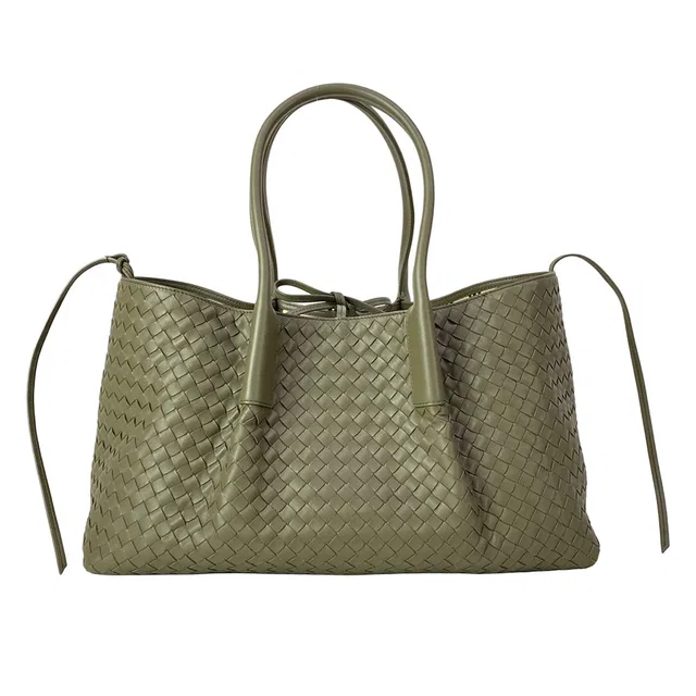 Bottega Veneta Tote Bag Large Pinacoteca Khaki Plaid Reversible Leather in Green Leather from The Reluxe