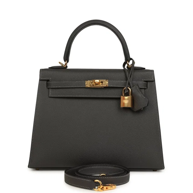 Hermès Kelly Sellier 25 Graphite Epsom Gold Hardware in Grey Epsom leather from Madison Avenue Couture