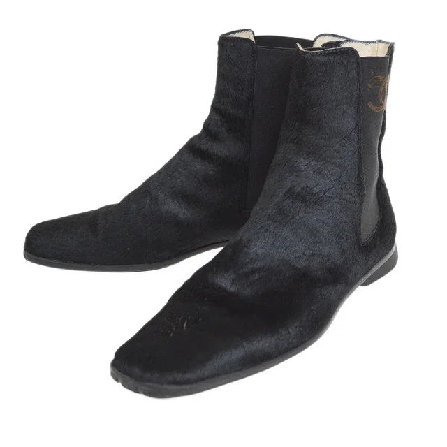 Chanel Black Pony Hair Side Chelsea Boots Shoes in Black from AMORE Vintage Tokyo