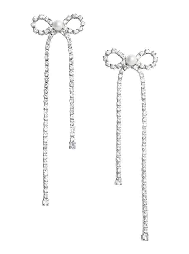 Silver Color Bow and Crystal Decoration Drop Earrings for Women, image 1 of 1 from Gaudenzi Boutique