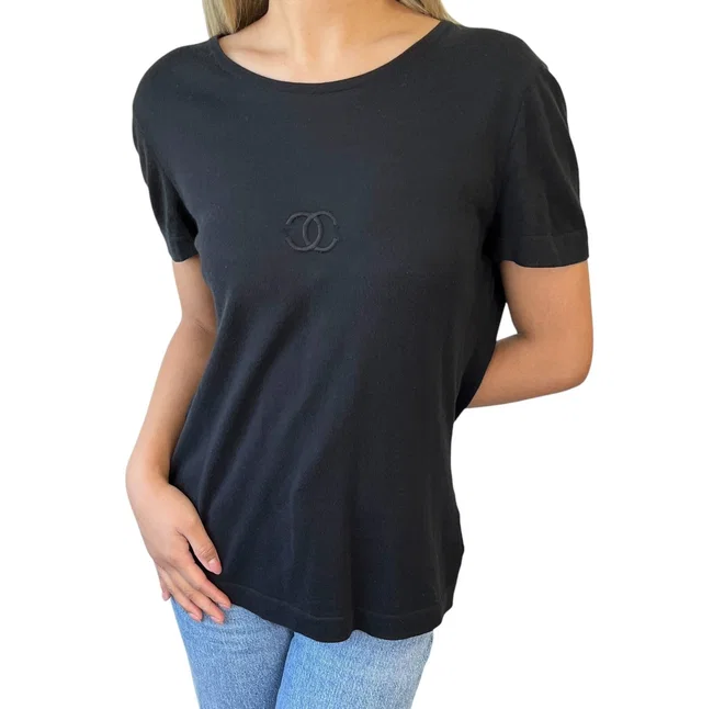 Chanel Vintage 95P CC Mark Logo T-shirt #40 Short Sleeve Top Black Cotton in Black from Luxury Promise