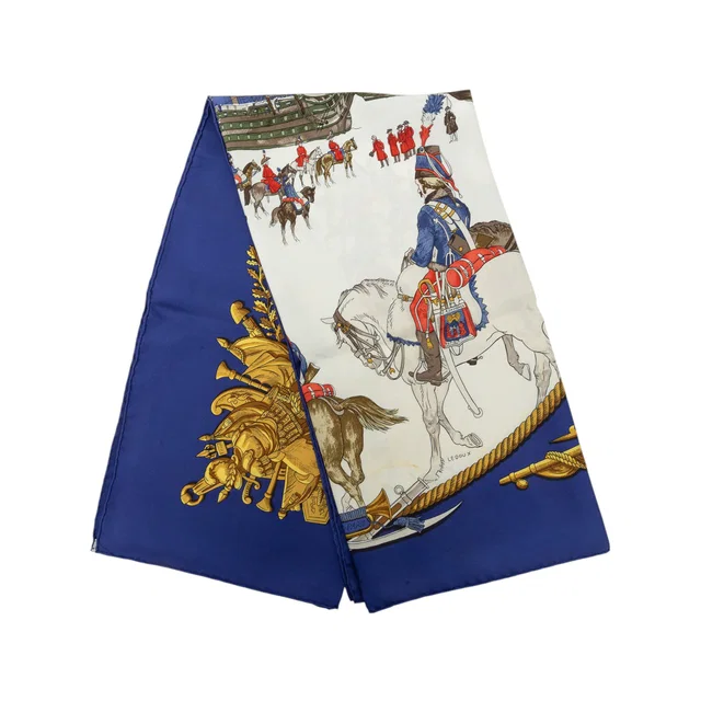Blue Hermès Marine et Cavalerie Silk Scarf Scarves in Navy Silk from Designer Revival