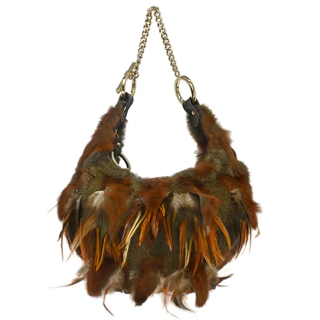 Fendi Brown Feather Rabbit Fur Hobo Handbag in Brown from AMORE Vintage Tokyo
