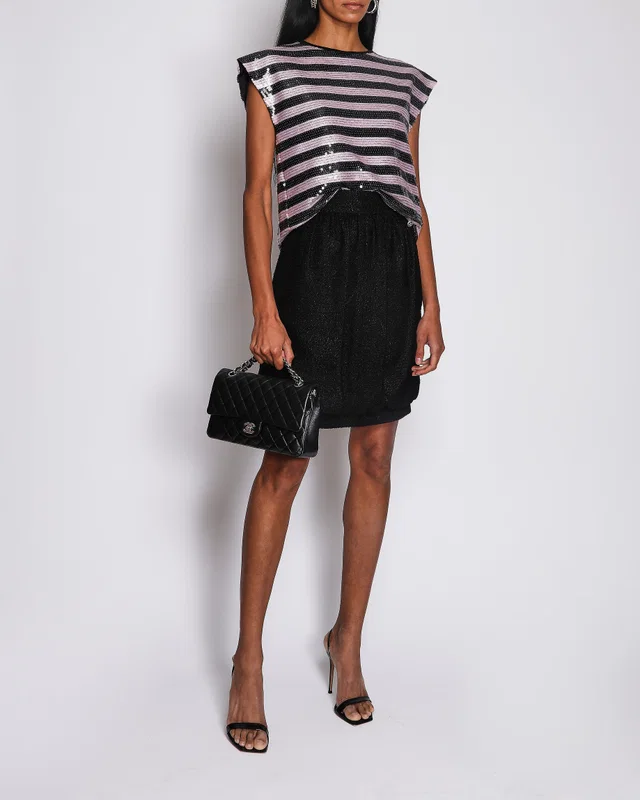 Chanel 22/C Pink and Black Striped Sequin Top with CC Logo Plaque Size FR 40 (UK 12) in Black from Sellier
