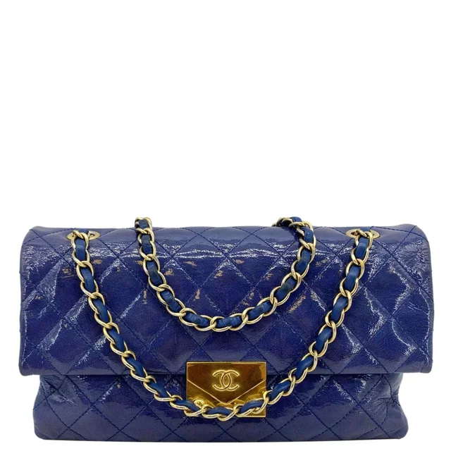 Chanel Envelope Lock 3 Small Quilted Patent Leather Shoulder Bag Blue in Blue Patent leather from Dallas Designer Handbags